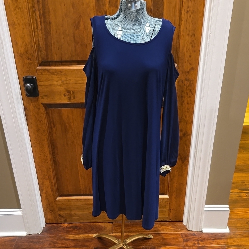 MSK Blue and White Long Sleeve Cold Shoulder Dress